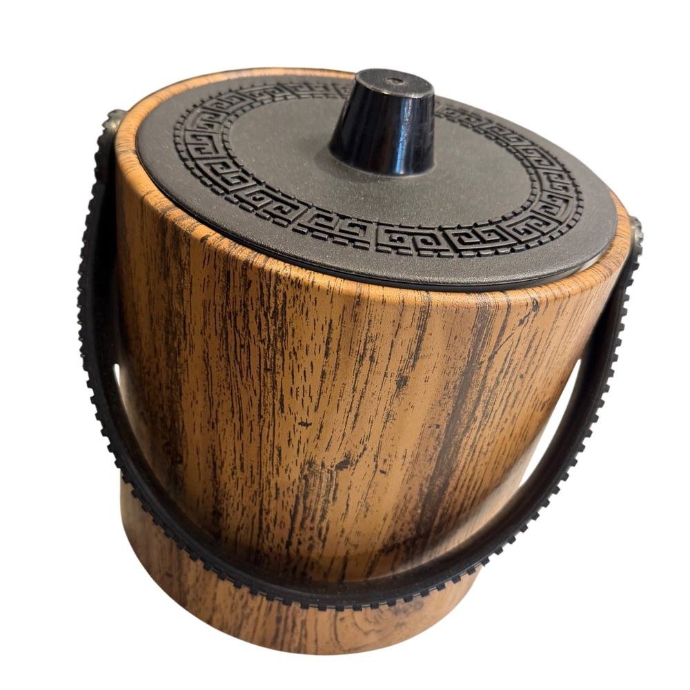 Phoenixware Vintage Faux Wood Grain Ice Bucket Greek Key Trim Black Lid Handle